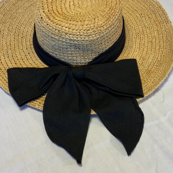 Raffia Sun Hat - Hand Crocheted with Black Cotton Back Bow - Picture 4 of 10